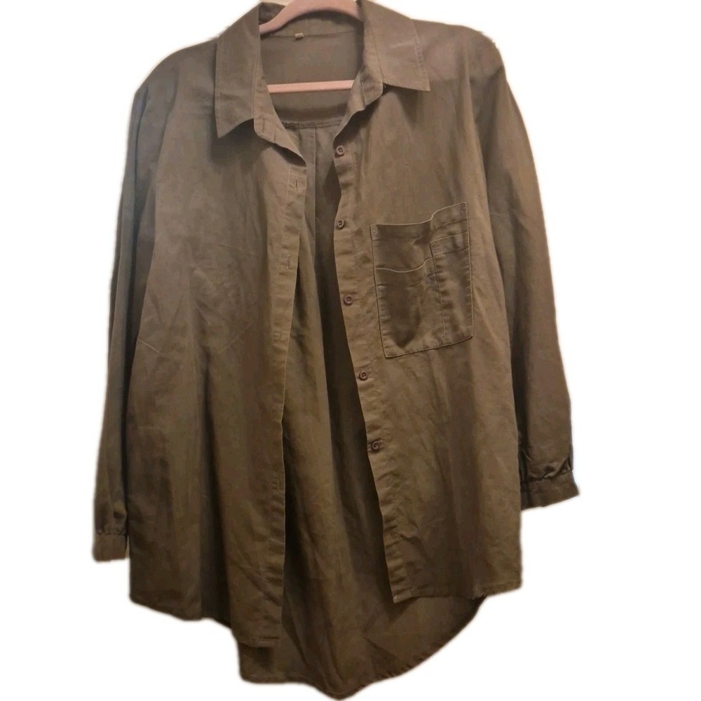 Minibee Women's M- Shirt Long Sleeve Brown Linen Cotton‎ Pockets